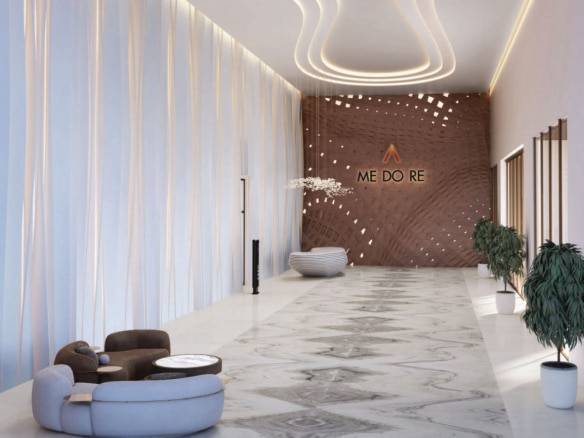 Modern building lobby with sculptural furniture and ambient lighting