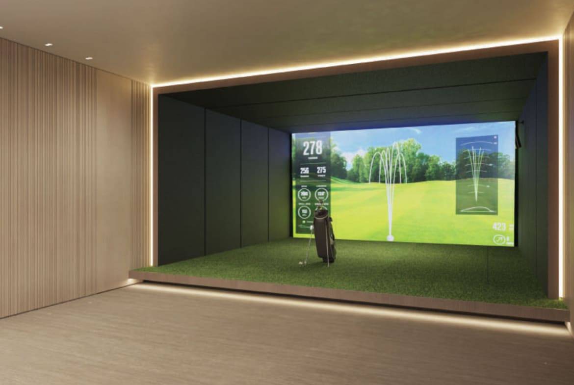 Indoor golf simulator with digital screen and putting area