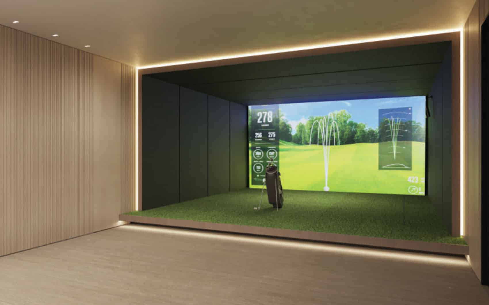 Indoor golf simulator with digital screen and putting area