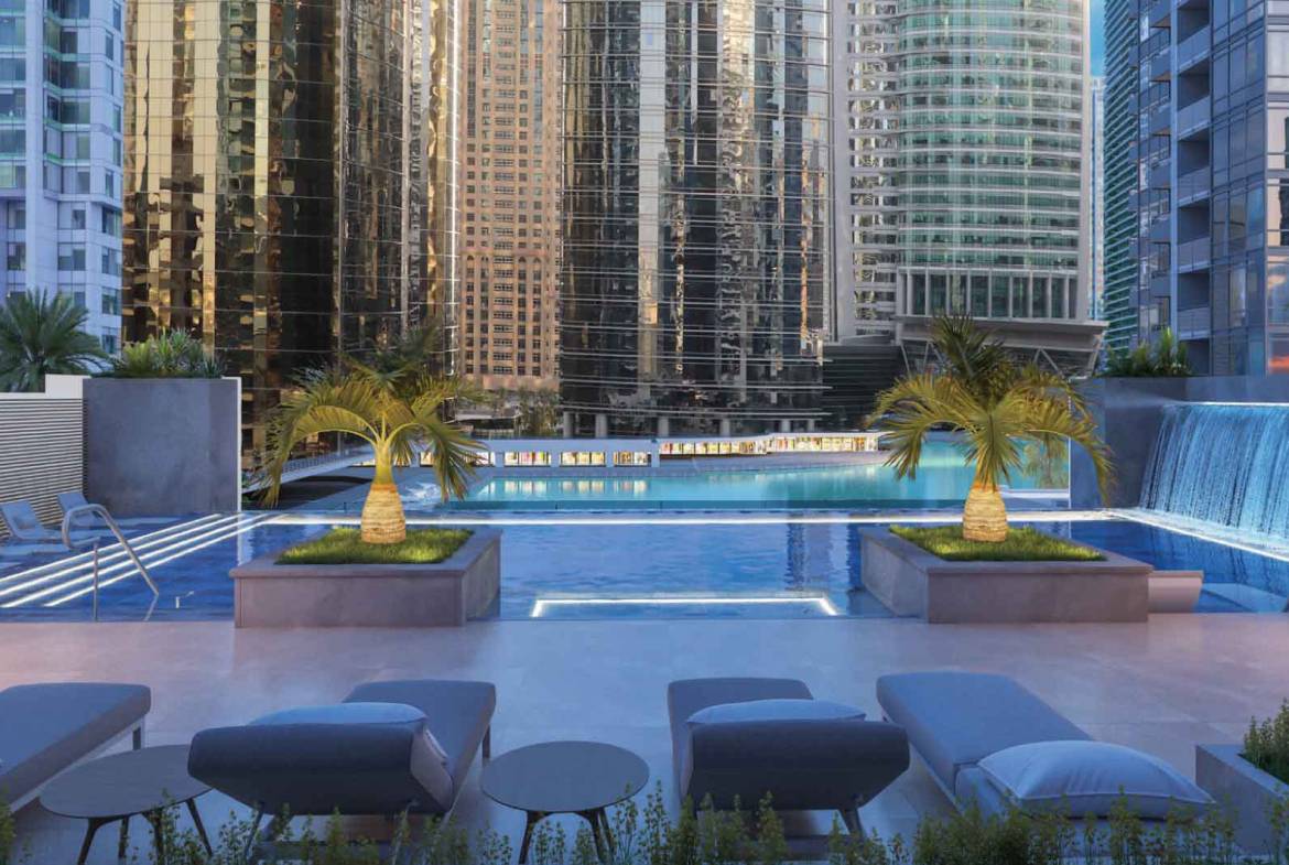 Rooftop infinity pool surrounded by skyscrapers in Dubai Marina