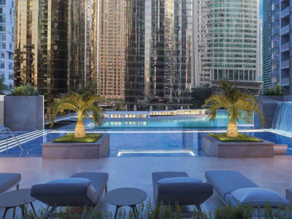 Rooftop infinity pool surrounded by skyscrapers in Dubai Marina