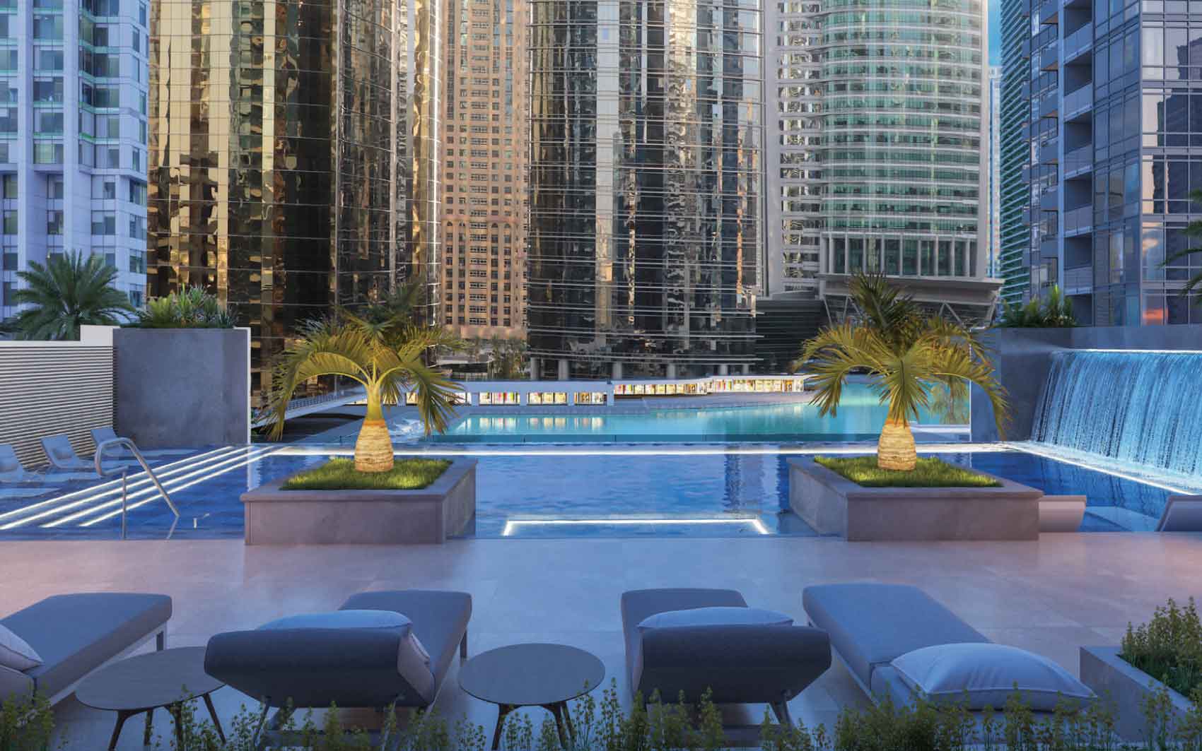 Rooftop infinity pool surrounded by skyscrapers in Dubai Marina