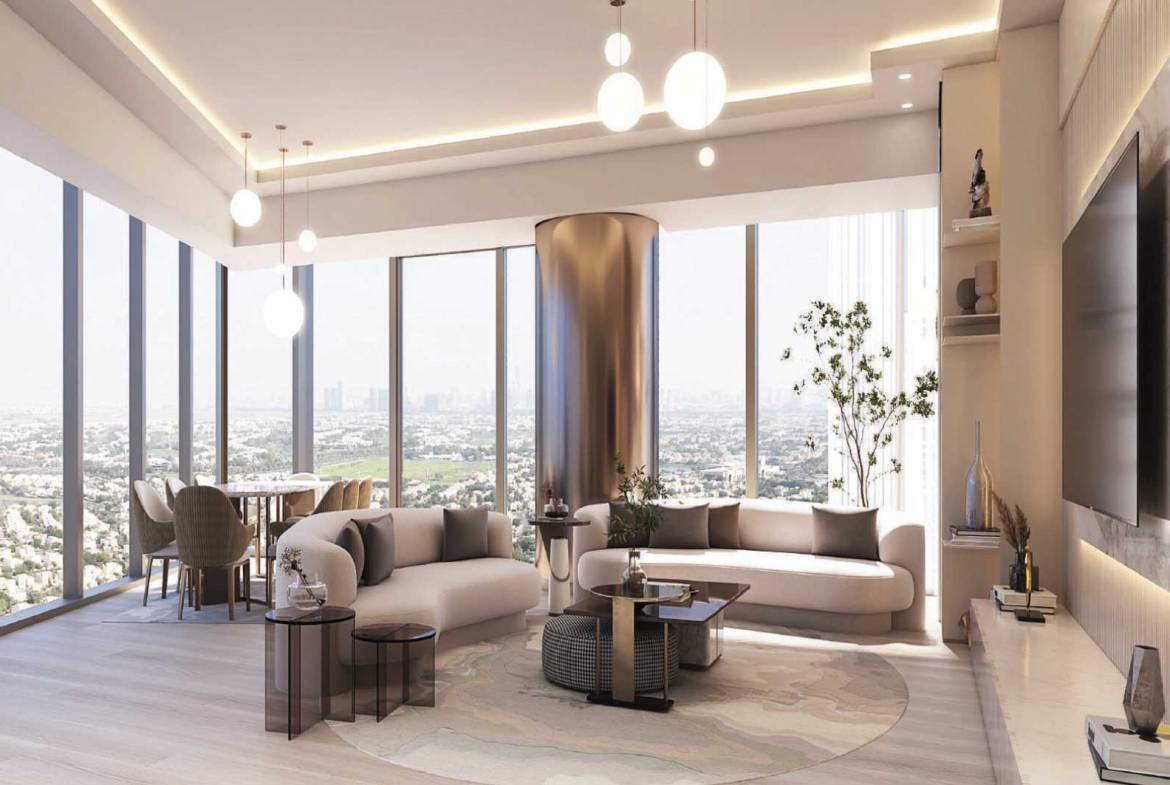 Spacious living room with floor-to-ceiling windows and city view