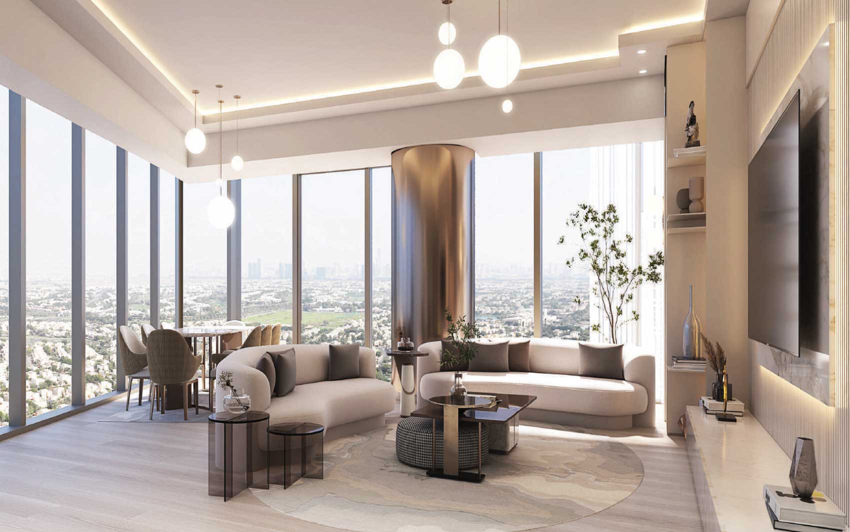 Spacious living room with floor-to-ceiling windows and city view