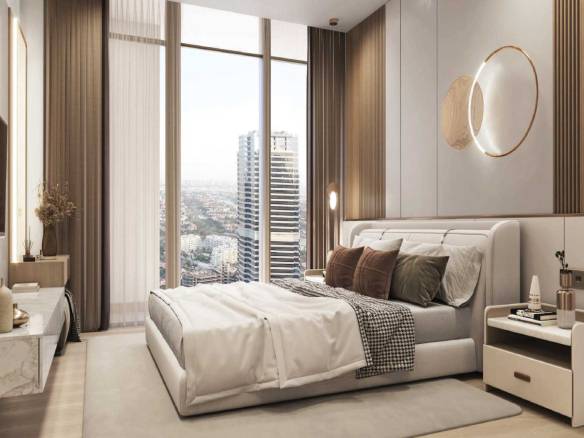 Elegant bedroom with soft lighting and panoramic city skyline view