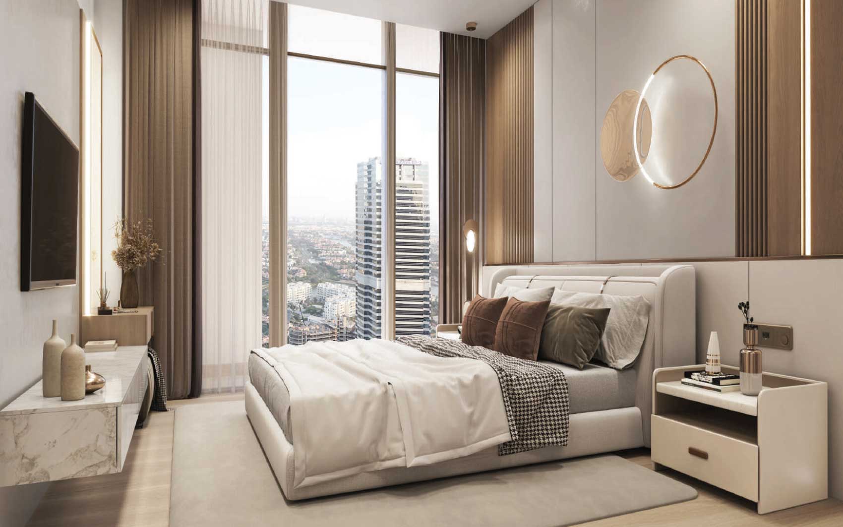Elegant bedroom with soft lighting and panoramic city skyline view