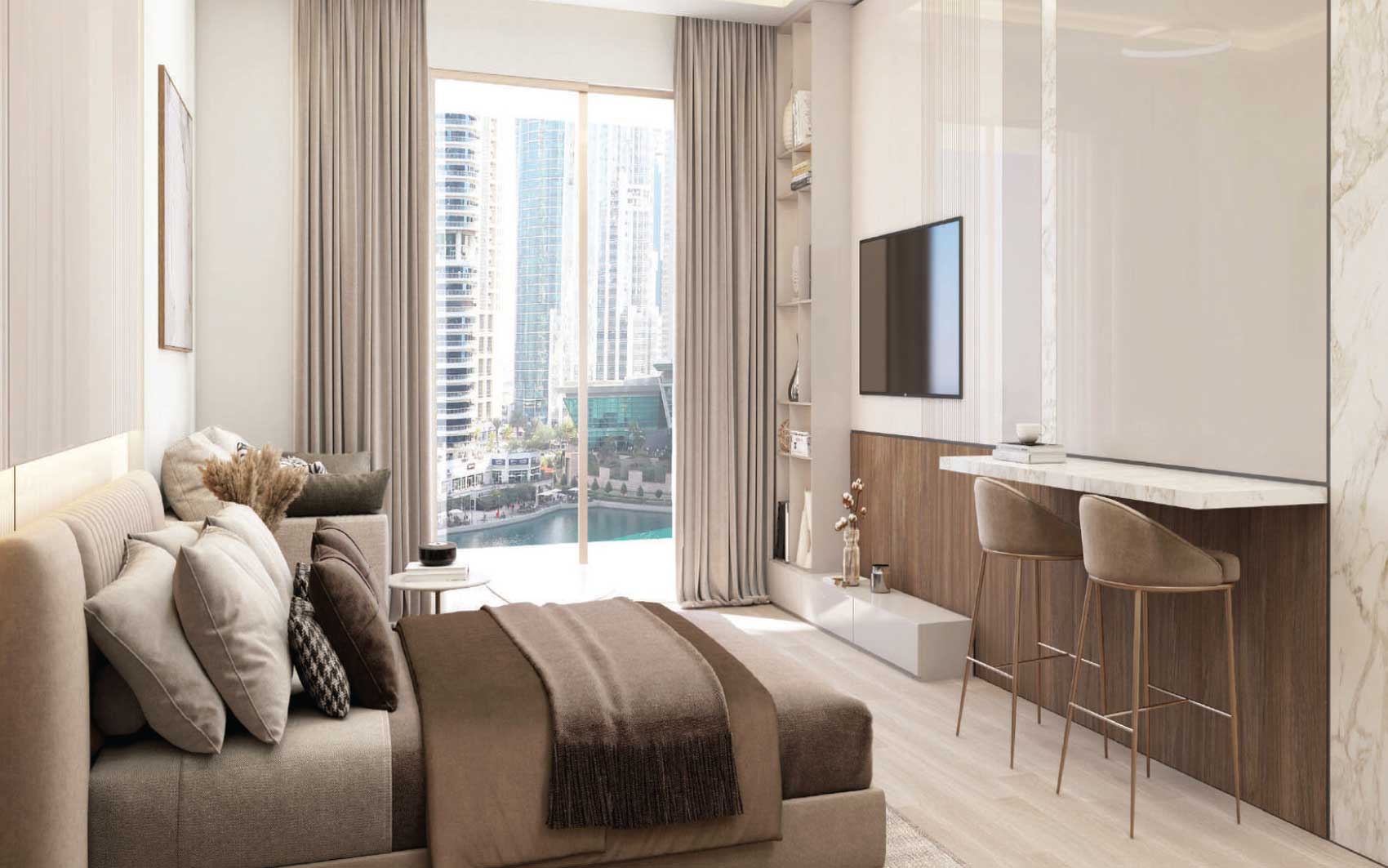 Elegant bedroom suite with soft lighting and marina skyline view
