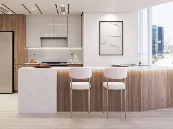 Modern kitchen with marble island and panoramic city view