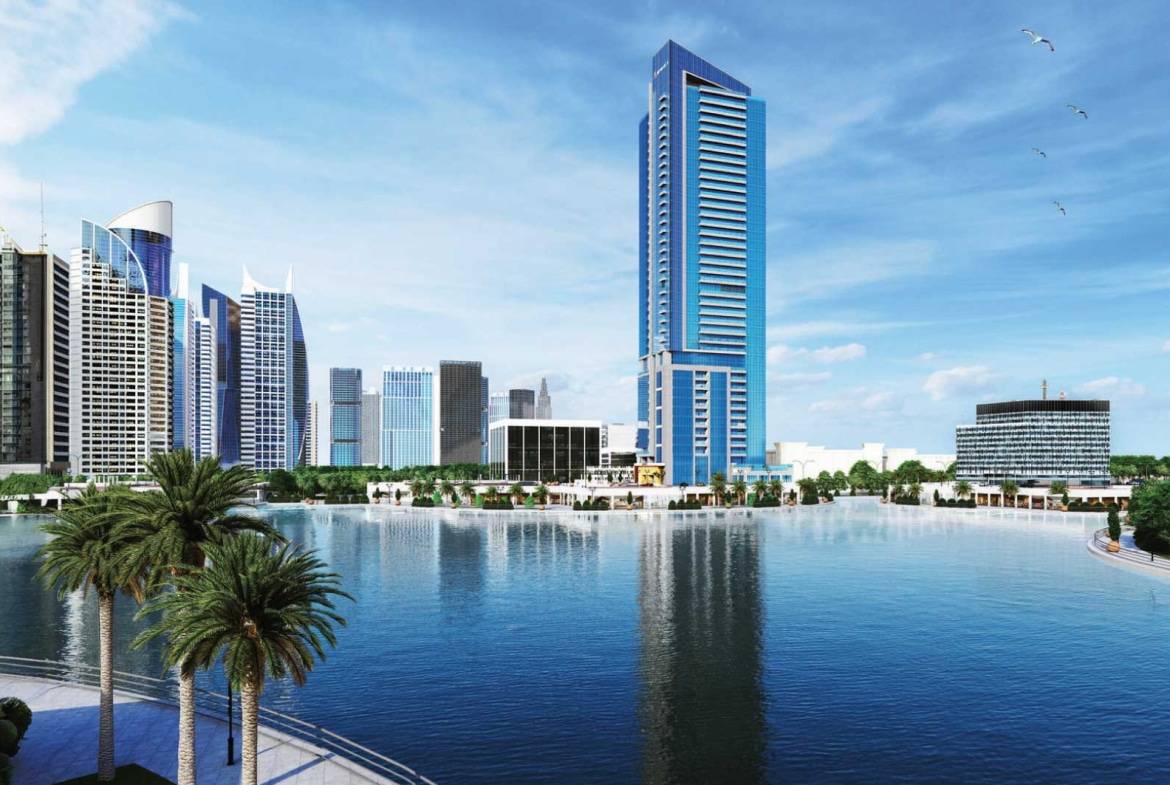 Modern Dubai skyscrapers reflecting in calm waterfront