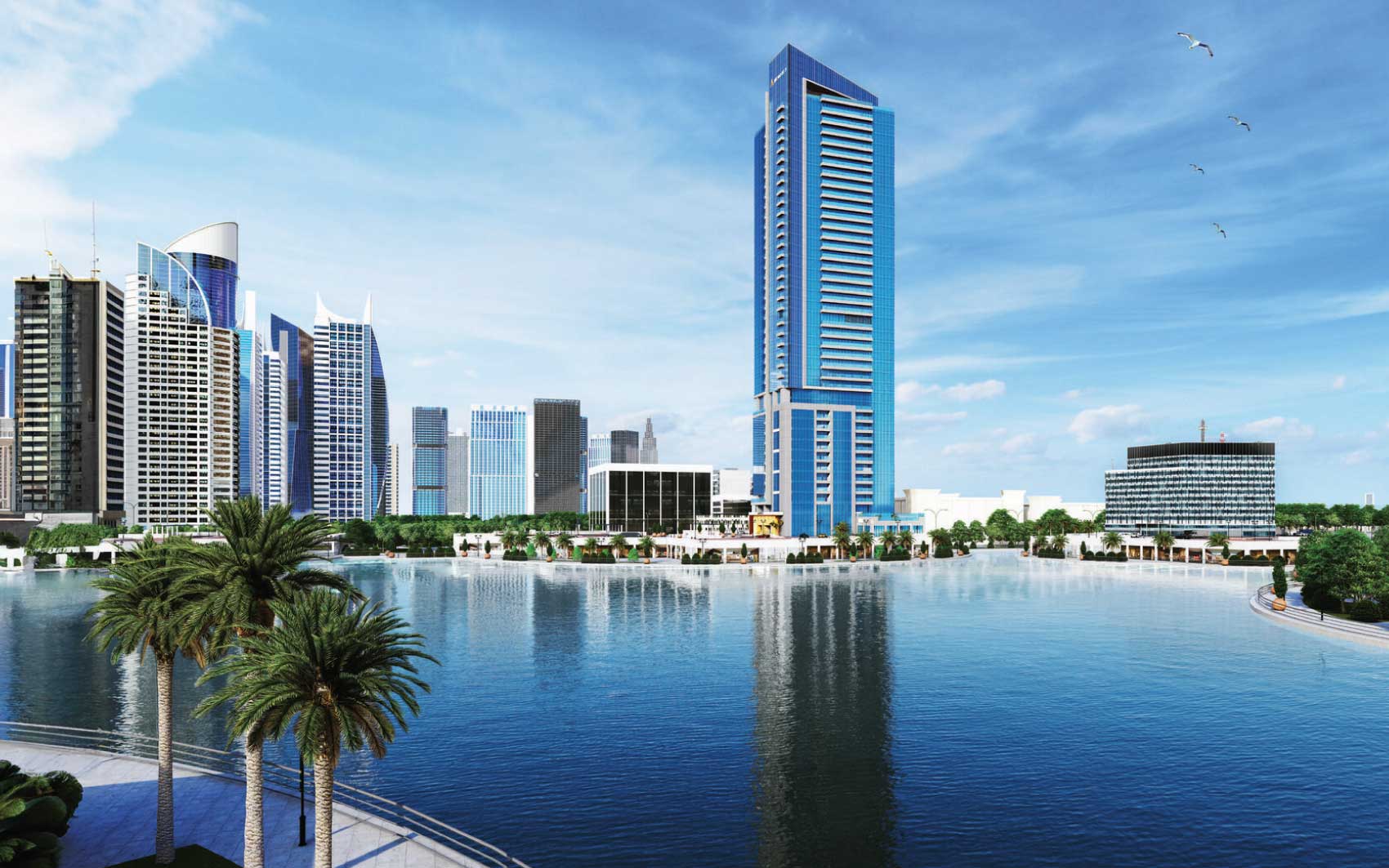 Modern Dubai skyscrapers reflecting in calm waterfront