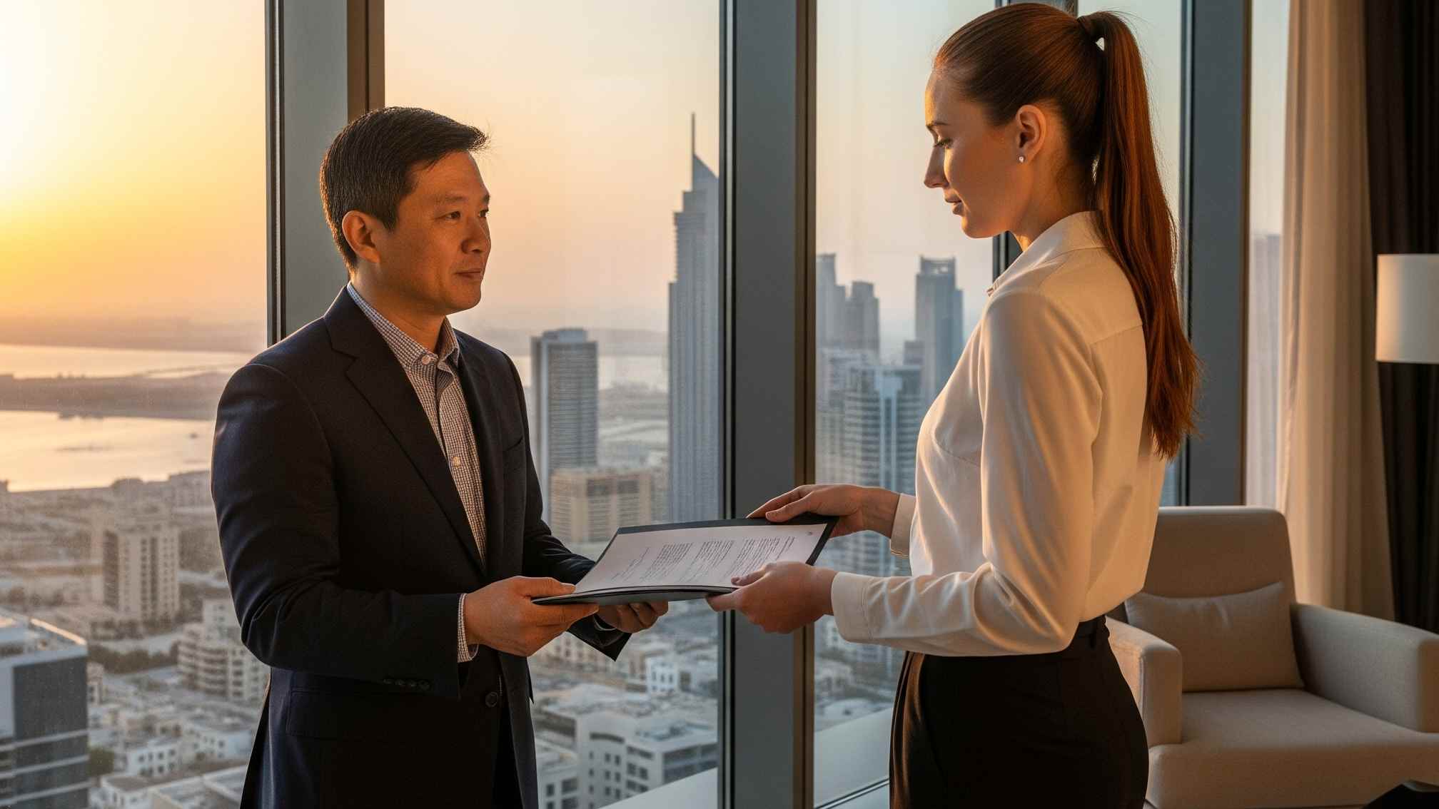 Luxury real estate professionals exchanging documents in a high-rise Dubai office overlooking the sunset and upscale city skyline