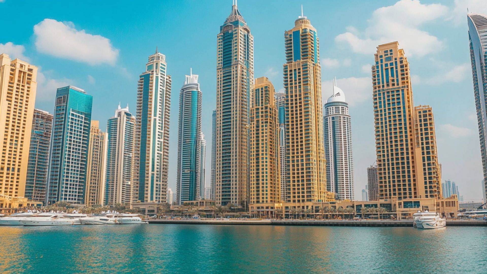 Tall skyscrapers of Dubai, showcasing modern architecture and urban skyline against a clear blue sky