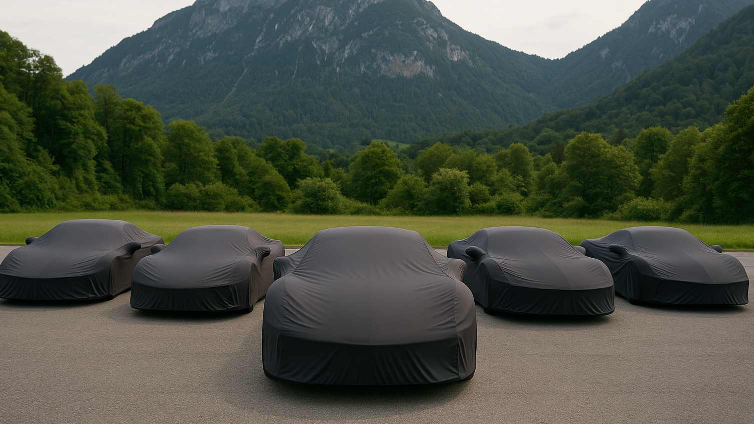 Five luxury sports cars covered with black cloths parked in front of a scenic mountain landscape, symbolizing exclusivity and rarity