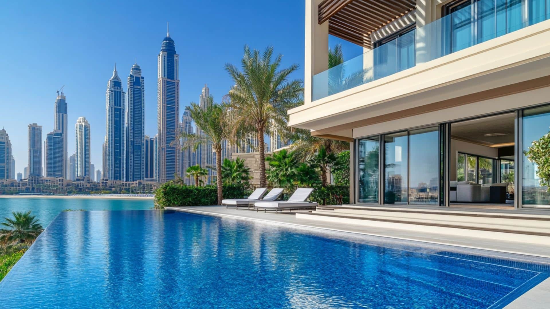 View from a luxury villa pool in Dubai, showcasing the skyline and palm trees against a clear blue sky
