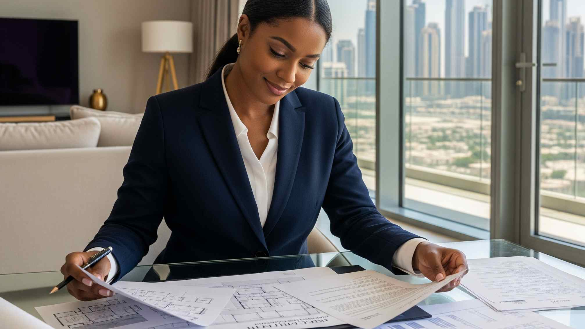 Confident businesswoman reviewing architectural plans and documents at a modern office with city skyline view