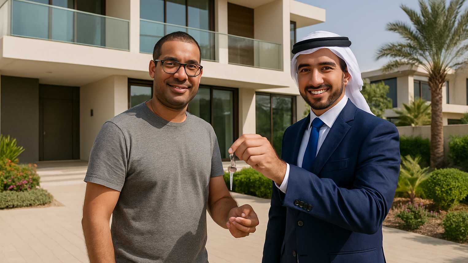 Happy real estate agent handing house keys to new homeowner in front of modern Dubai property