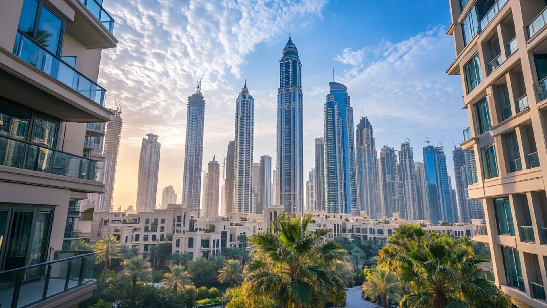 View from a Dubai balcony showcasing skyscrapers, palm trees, and a clear blue sky