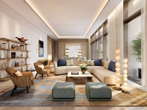 Luxury modern living room with large sectional sofa, designer chairs, and floor-to-ceiling windows