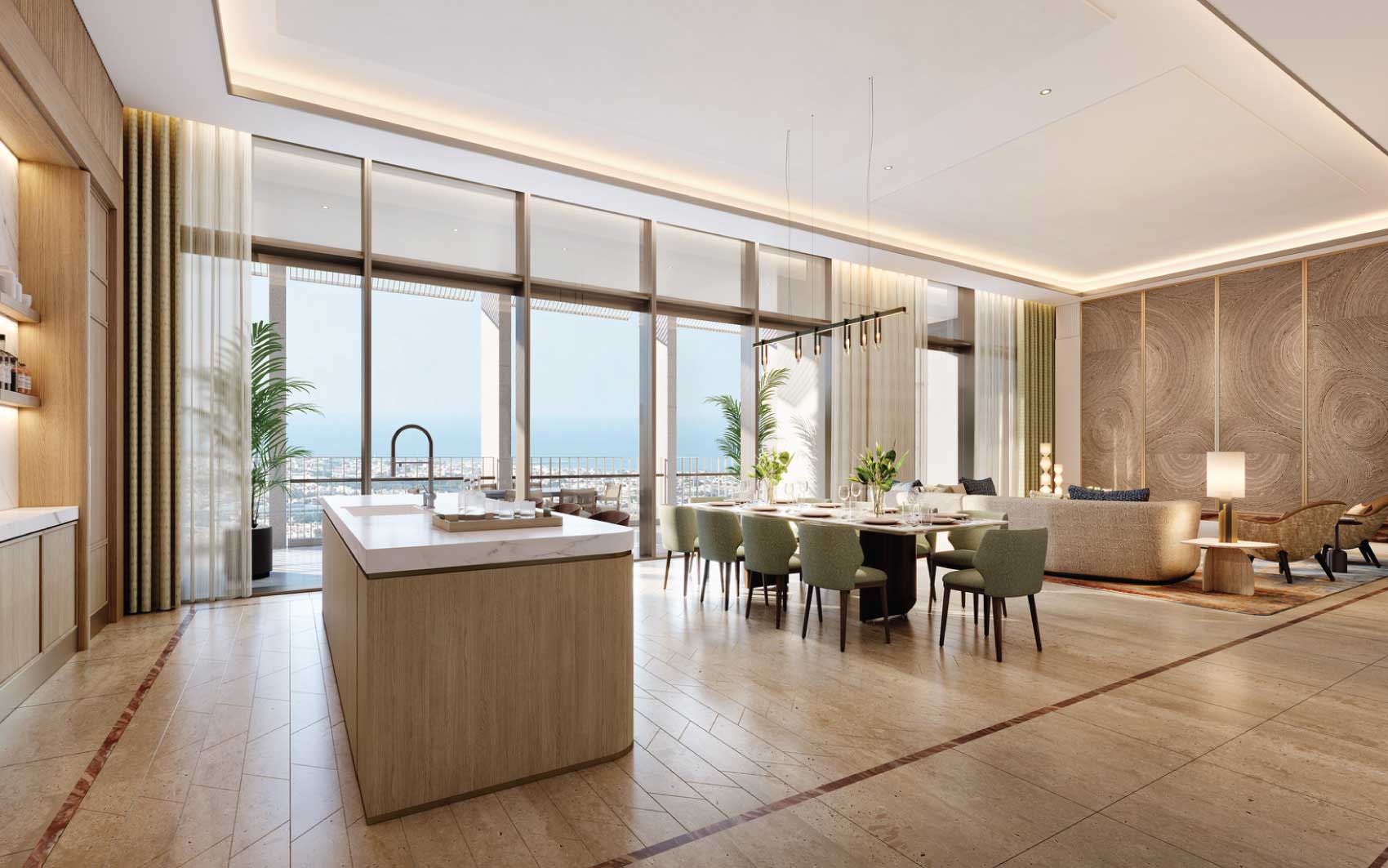 Spacious open-plan kitchen and dining area with panoramic sea view