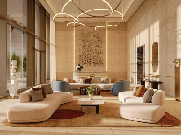 Modern living room with designer furniture and floor-to-ceiling windows