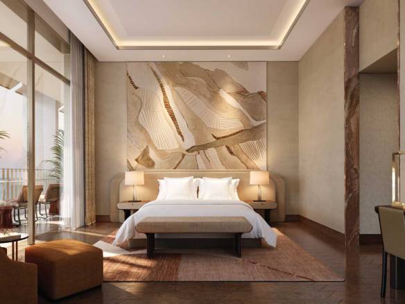 Luxurious bedroom with abstract wall art and balcony view