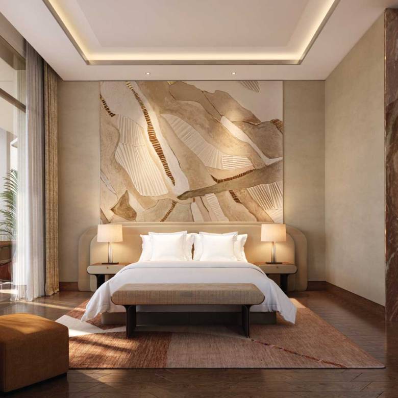Luxurious bedroom with abstract wall art and balcony view