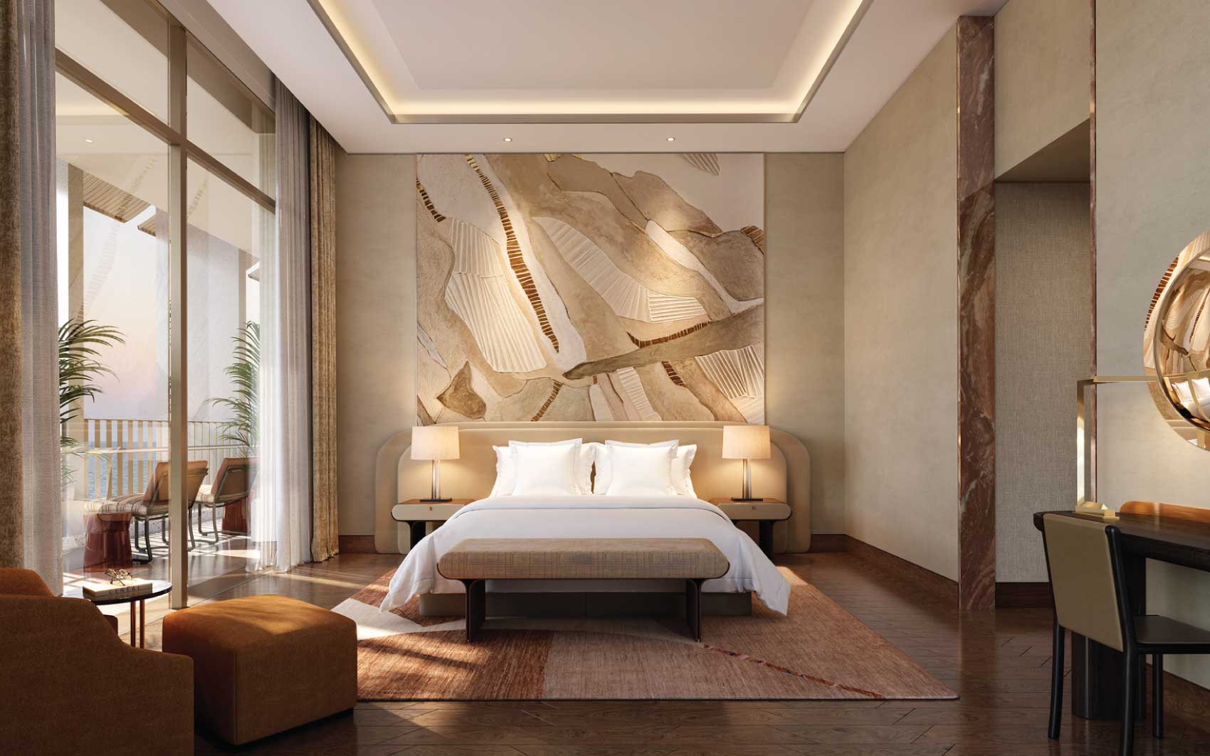 Luxurious bedroom with abstract wall art and balcony view