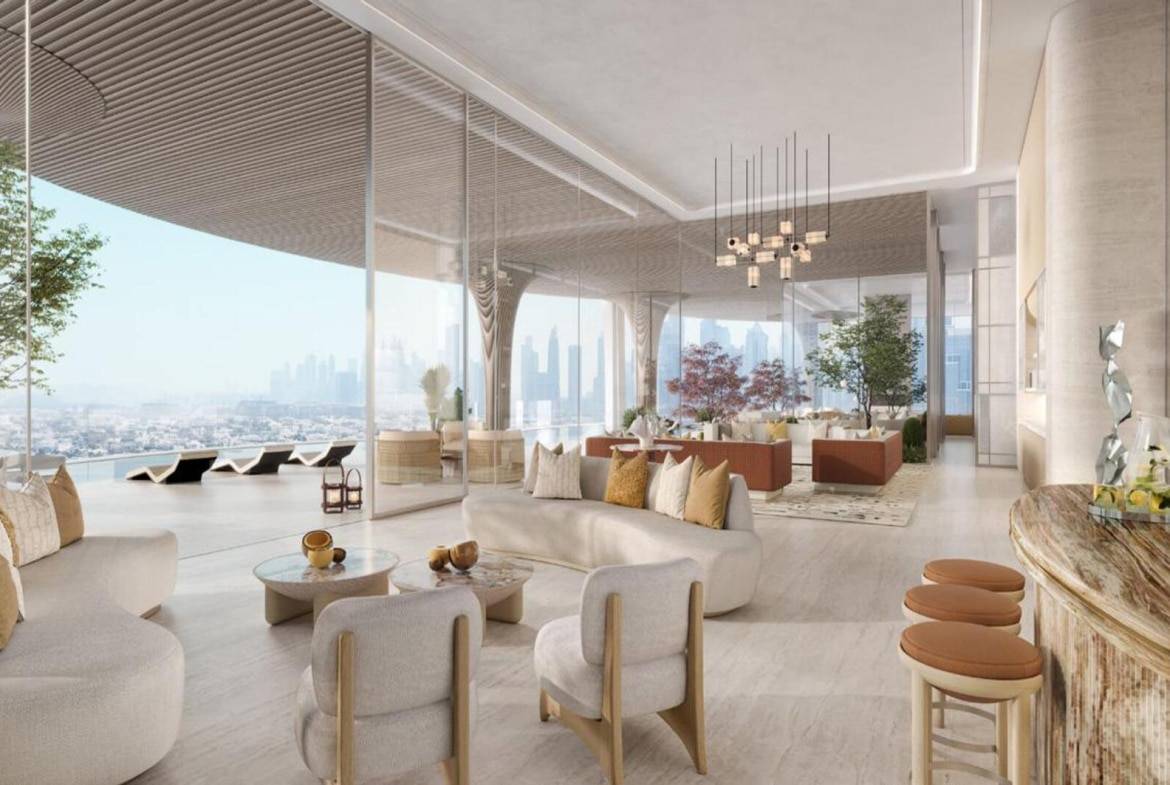Luxury lounge with panoramic skyline view and contemporary design