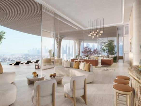 Luxury lounge with panoramic skyline view and contemporary design