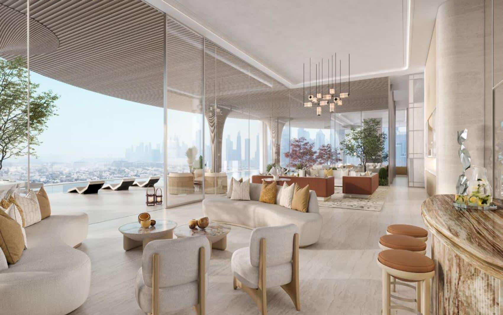 Luxury lounge with panoramic skyline view and contemporary design