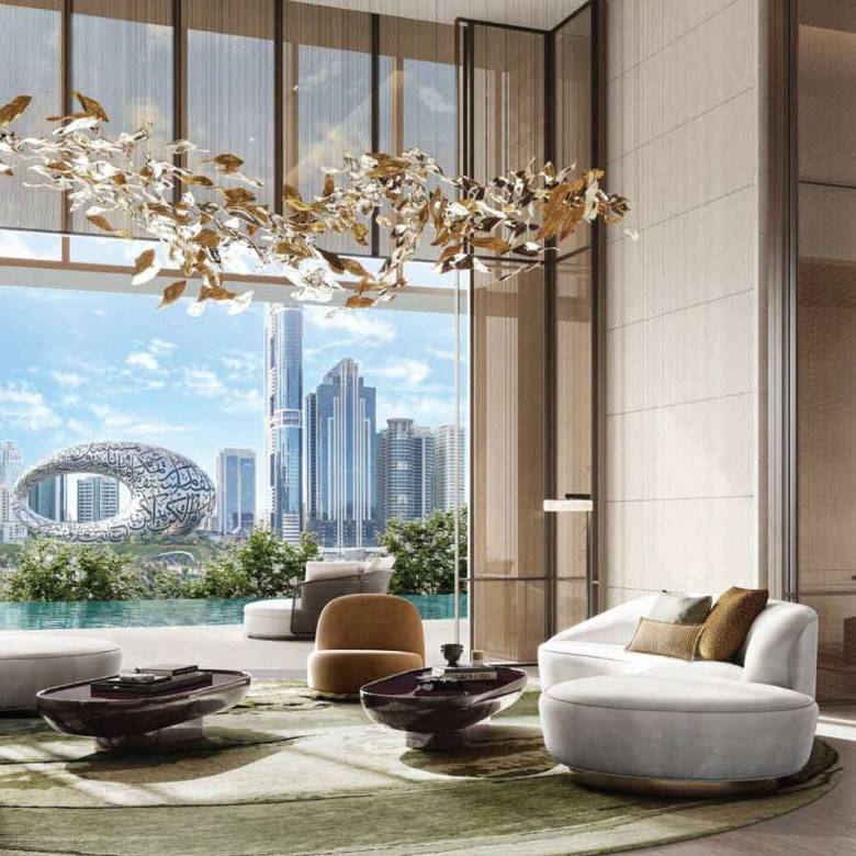 Contemporary living room with skyline view and modern architecture