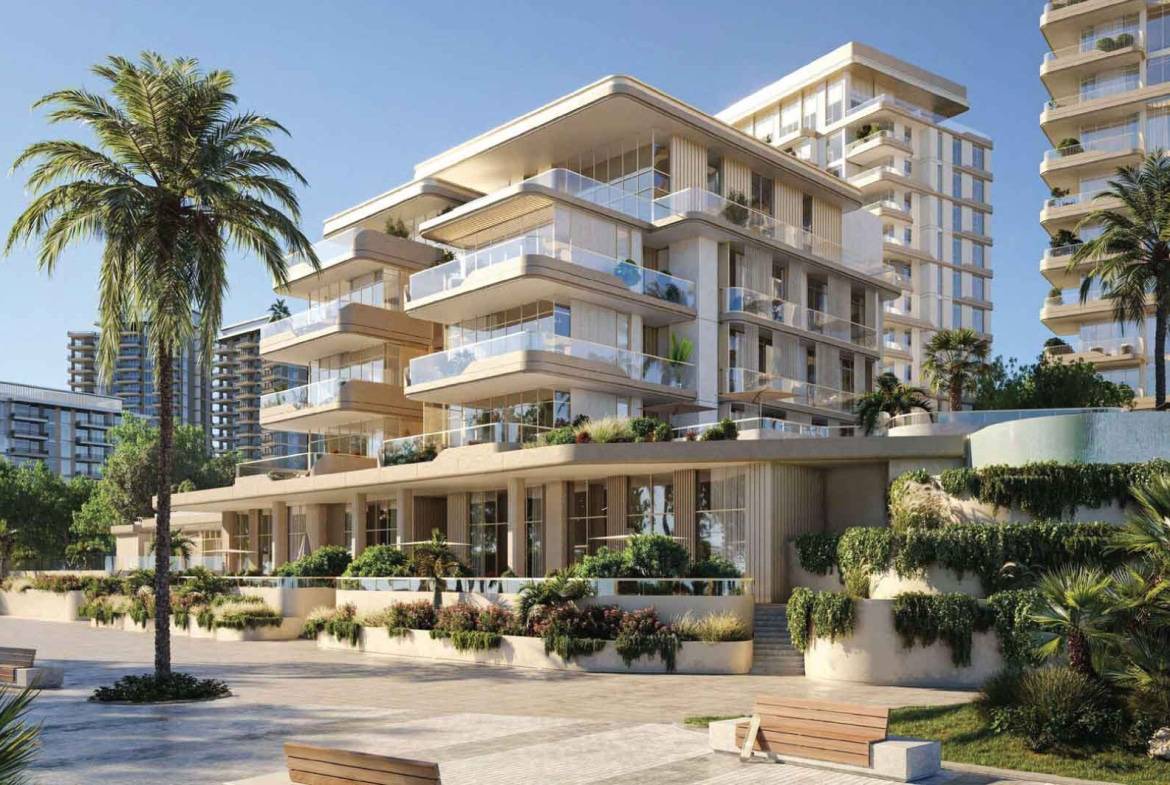 Luxury beachfront residences with terraces and palm-lined promenade