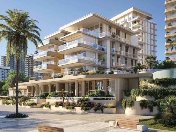 Luxury beachfront residences with terraces and palm-lined promenade