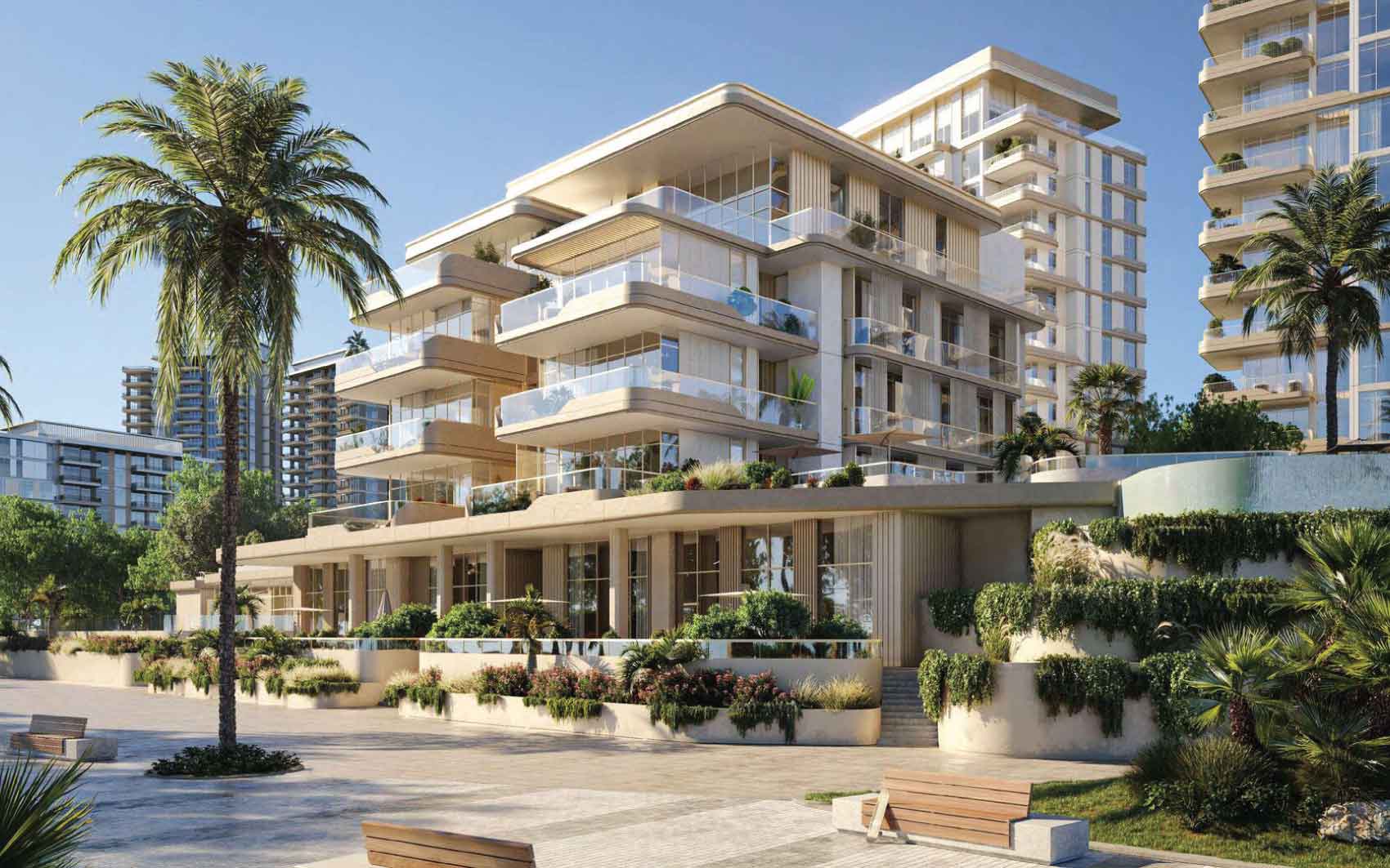 Luxury beachfront residences with terraces and palm-lined promenade