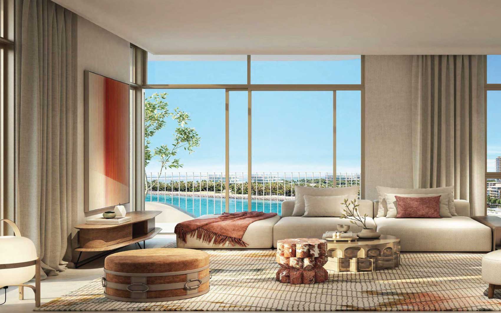 Luxury living room with floor-to-ceiling windows, neutral decor, and waterfront balcony view