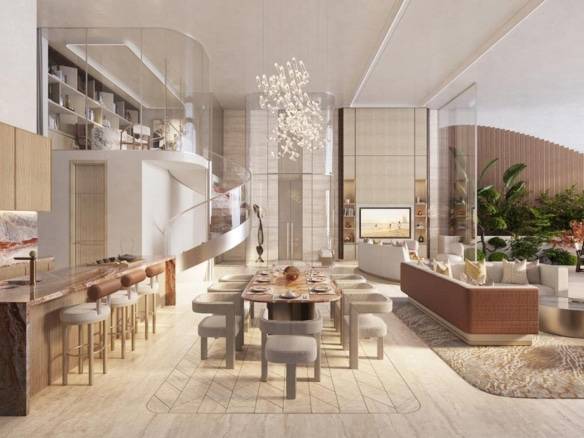 Luxury open-plan dining and living room with marble kitchen island, modern chandelier, and floor-to-ceiling windows