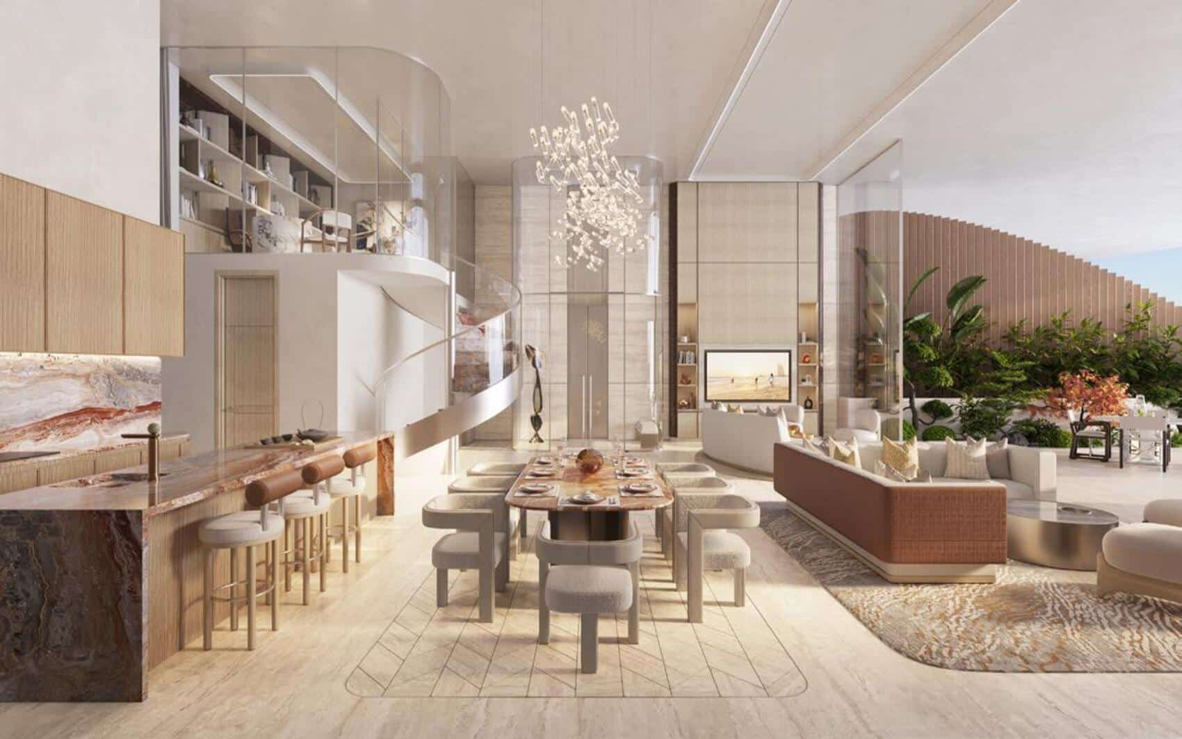 Luxury open-plan dining and living room with marble kitchen island, modern chandelier, and floor-to-ceiling windows