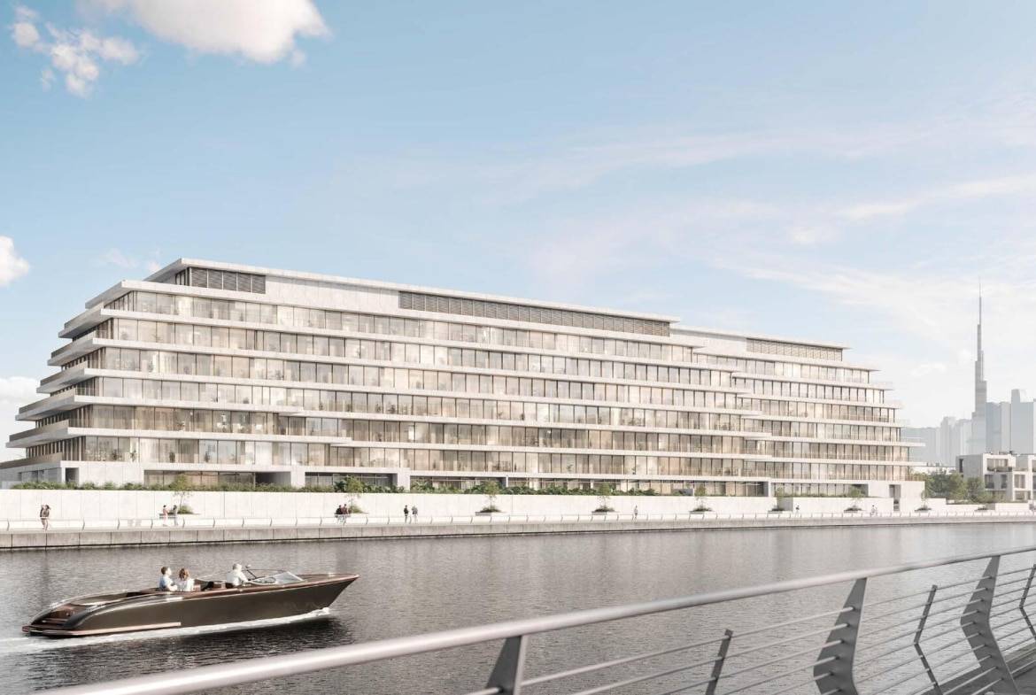 Waterfront luxury residential building with private boat dock