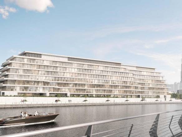 Waterfront luxury residential building with private boat dock