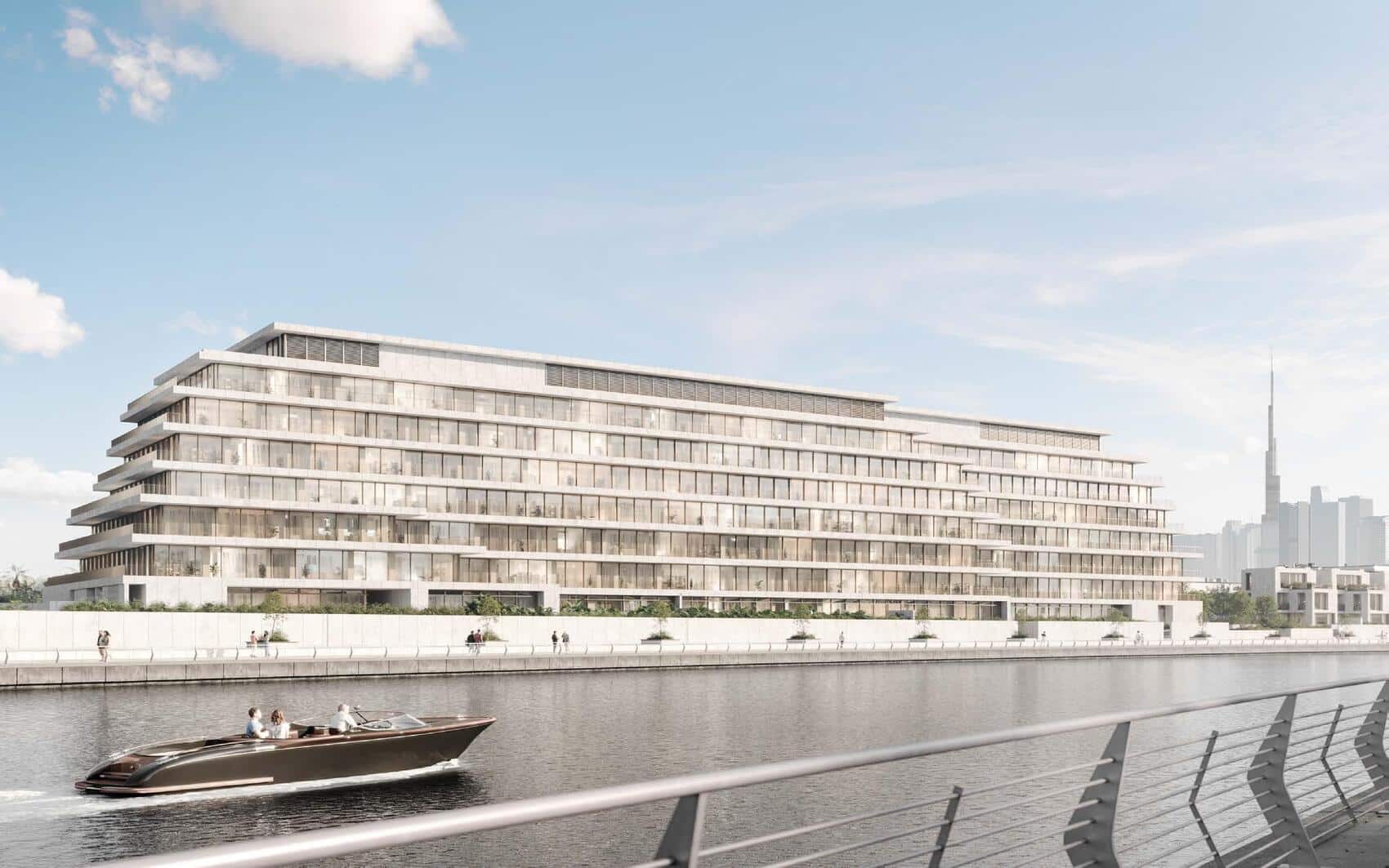Waterfront luxury residential building with private boat dock
