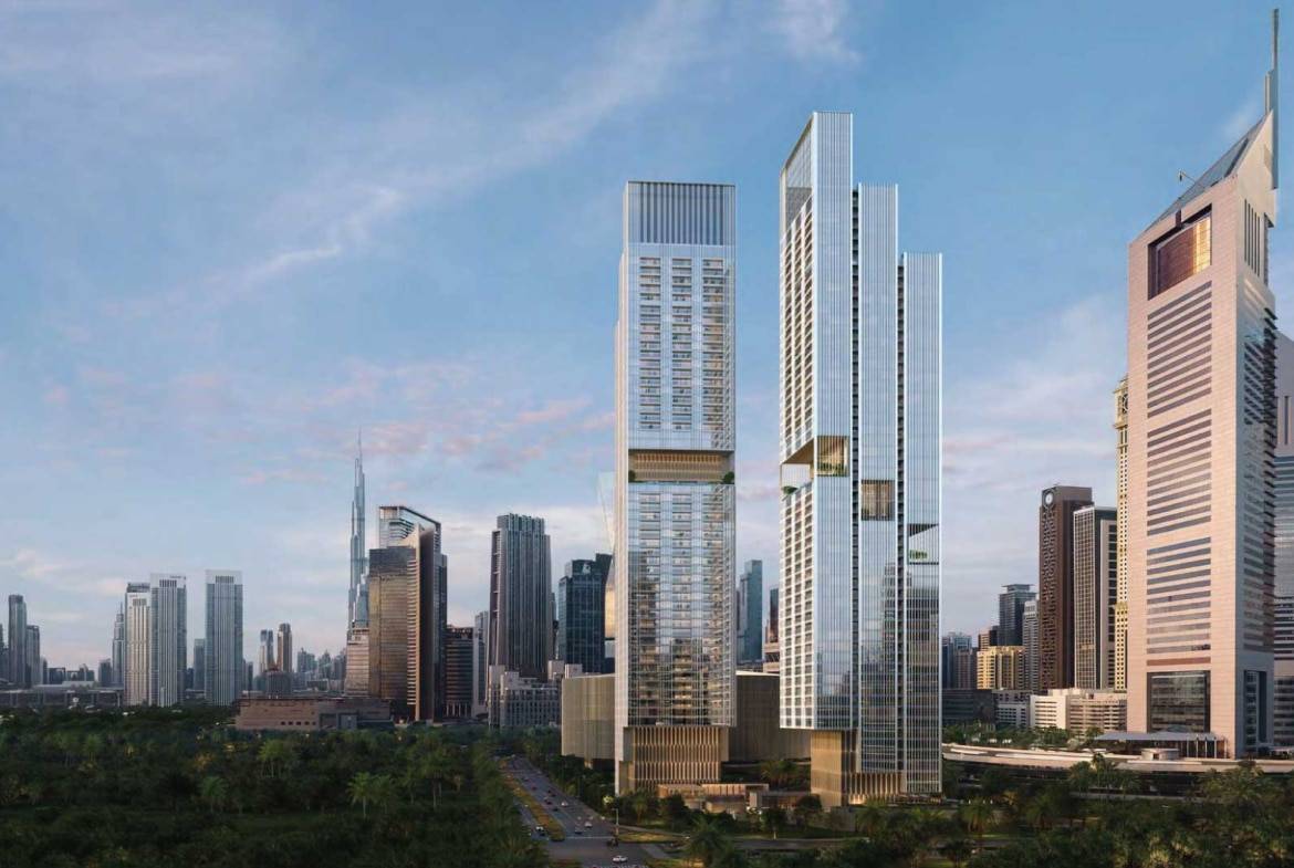 Modern twin skyscrapers in Dubai skyline with surrounding high-rise buildings