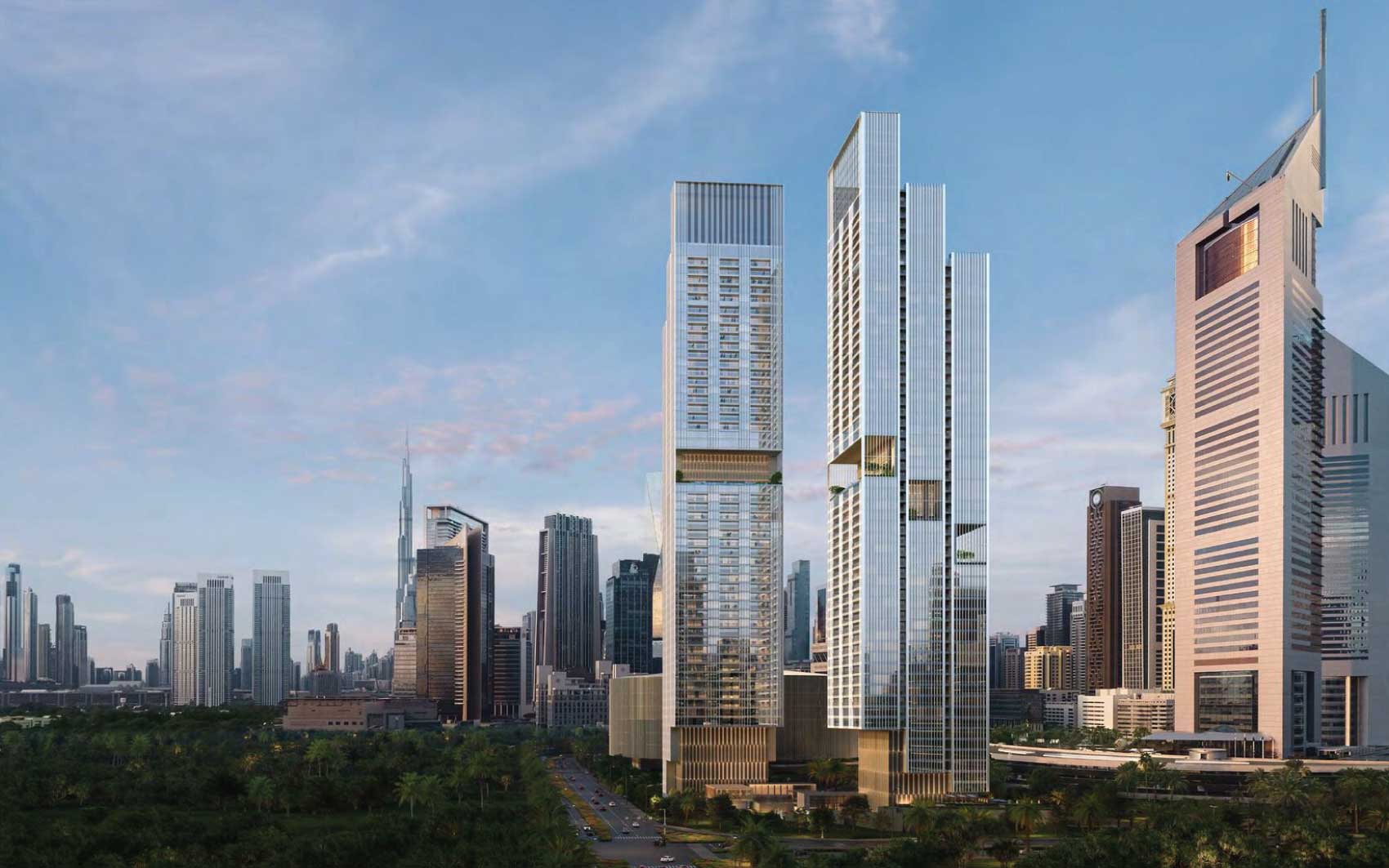 Modern twin skyscrapers in Dubai skyline with surrounding high-rise buildings