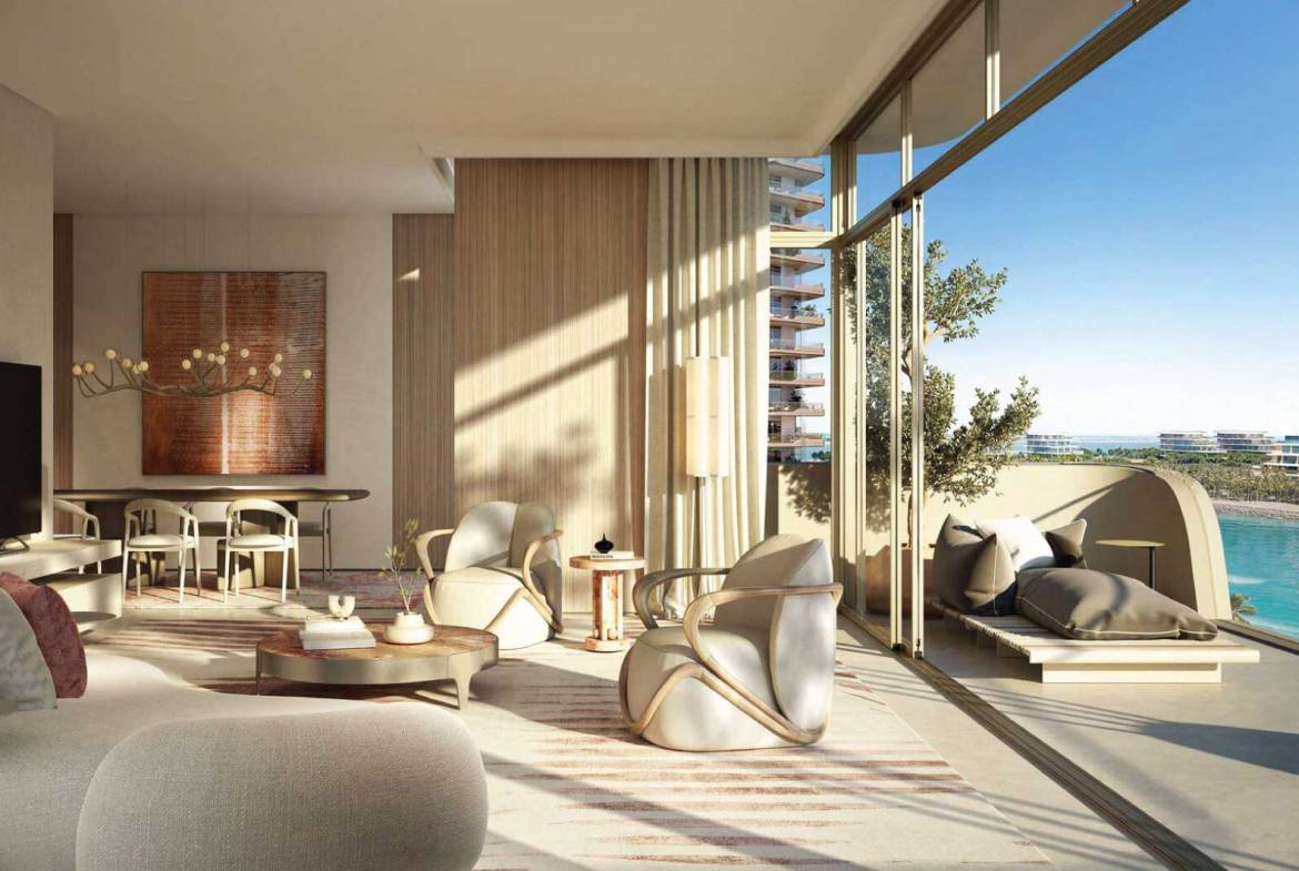 Sophisticated living room with balcony overlooking the sea and modern decor