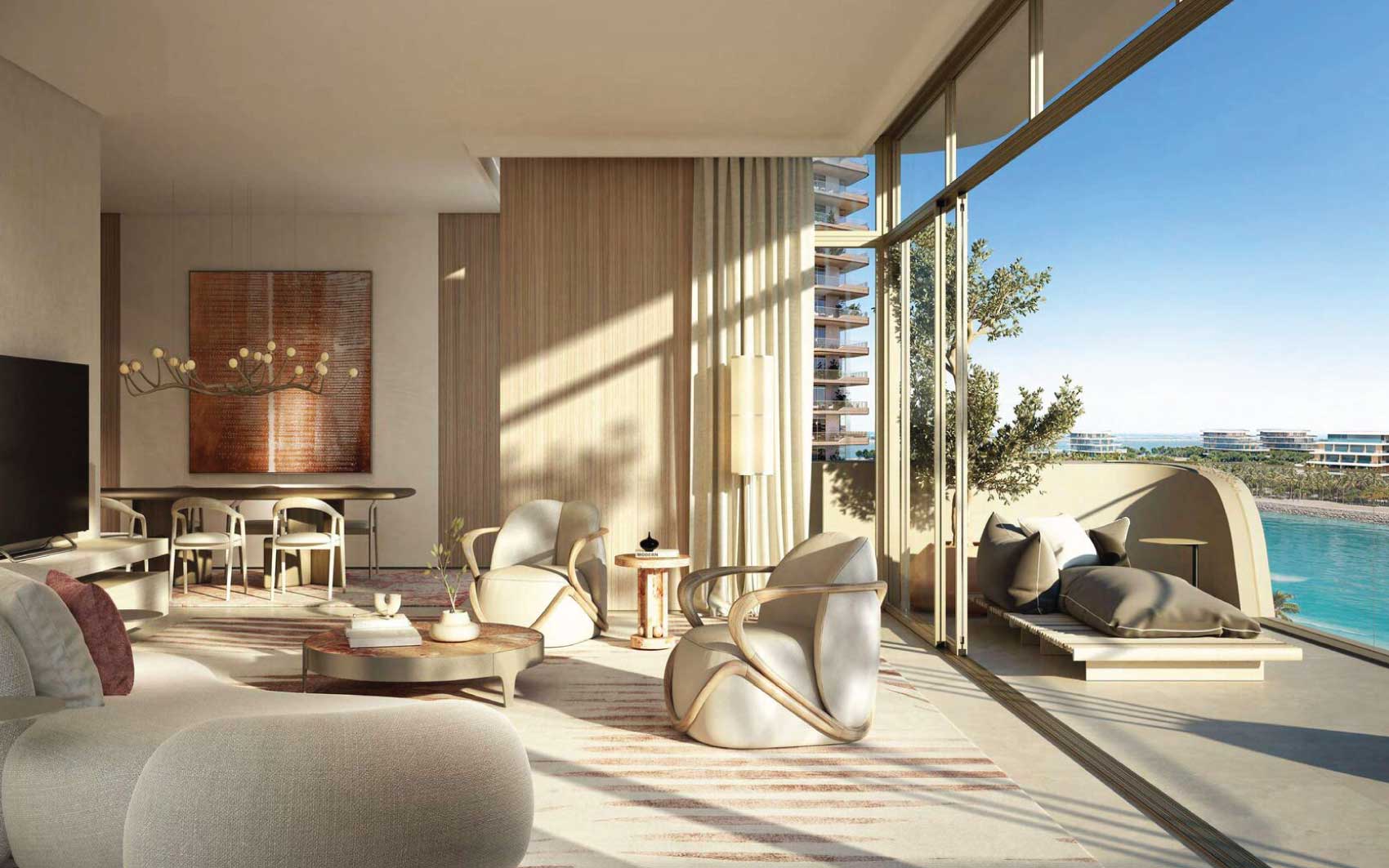 Sophisticated living room with balcony overlooking the sea and modern decor