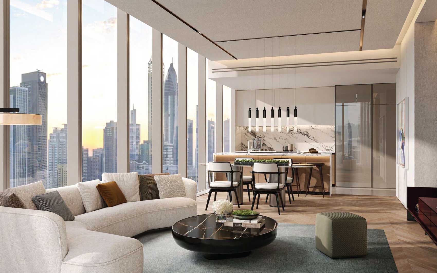 Luxury open-plan living and dining space with skyline views and marble kitchen