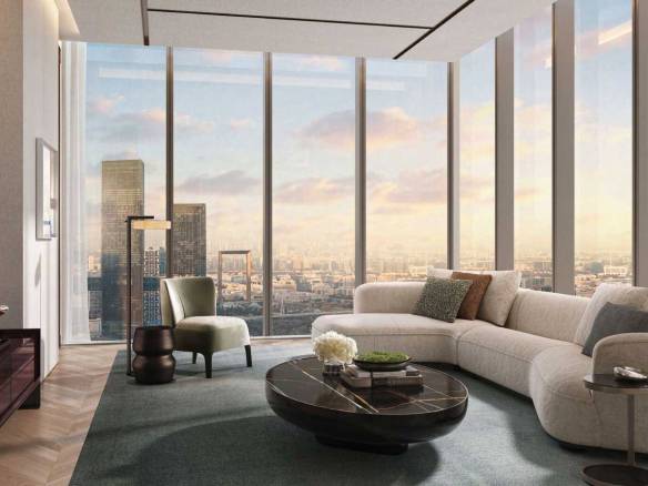 Elegant living area with panoramic city views and contemporary furniture