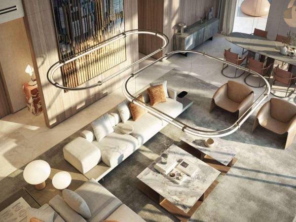 Elegant open-plan living and dining area with designer lighting and marble tables