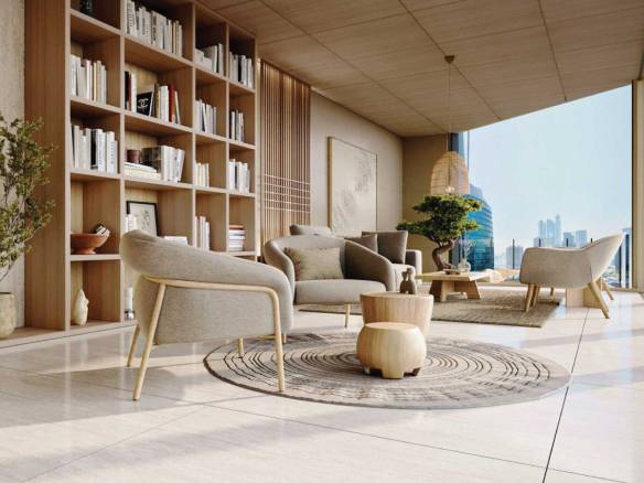 Cozy reading lounge with floor-to-ceiling bookshelves and panoramic city views