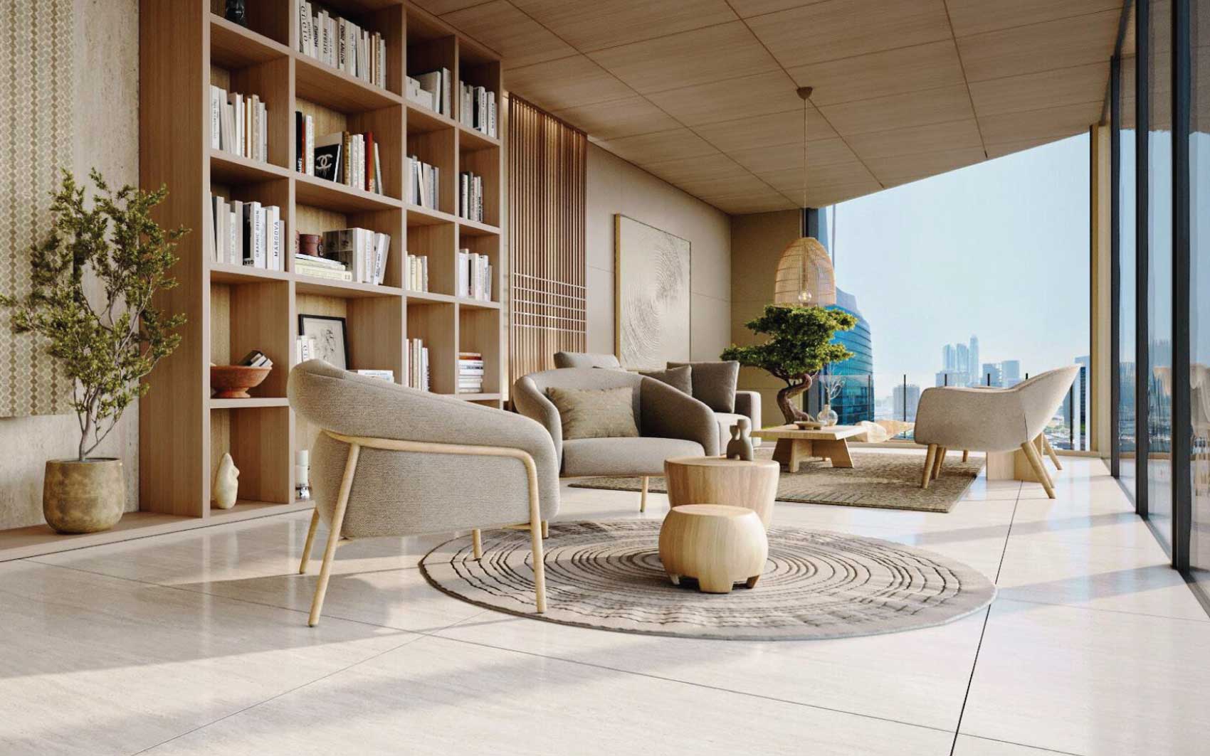 Cozy reading lounge with floor-to-ceiling bookshelves and panoramic city views