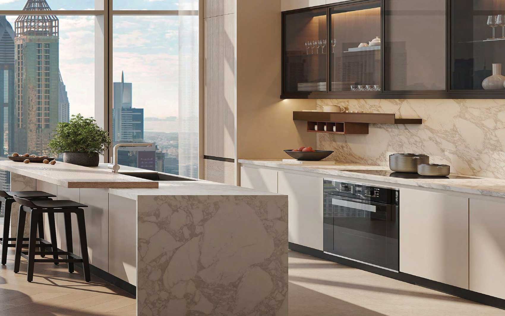 Contemporary kitchen with marble island, skyline views, and high-end appliances